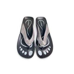 Aerothotic Orthotic Flip Flops‎ Womens 39 Black Silver Glitter Wedge Sandals